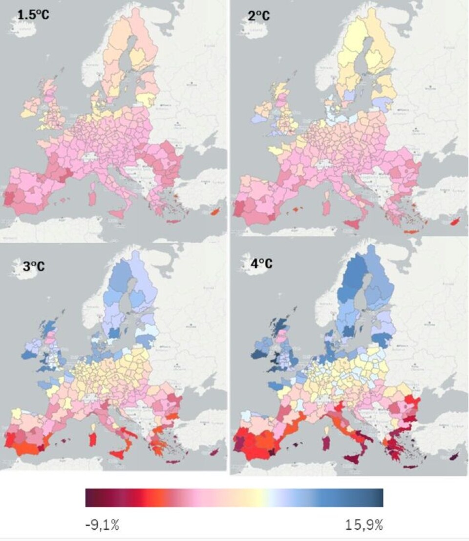 Projected evolution of the European regional tourism demand for all the global warming scenarios, compared to the present (2019) in percentage terms.