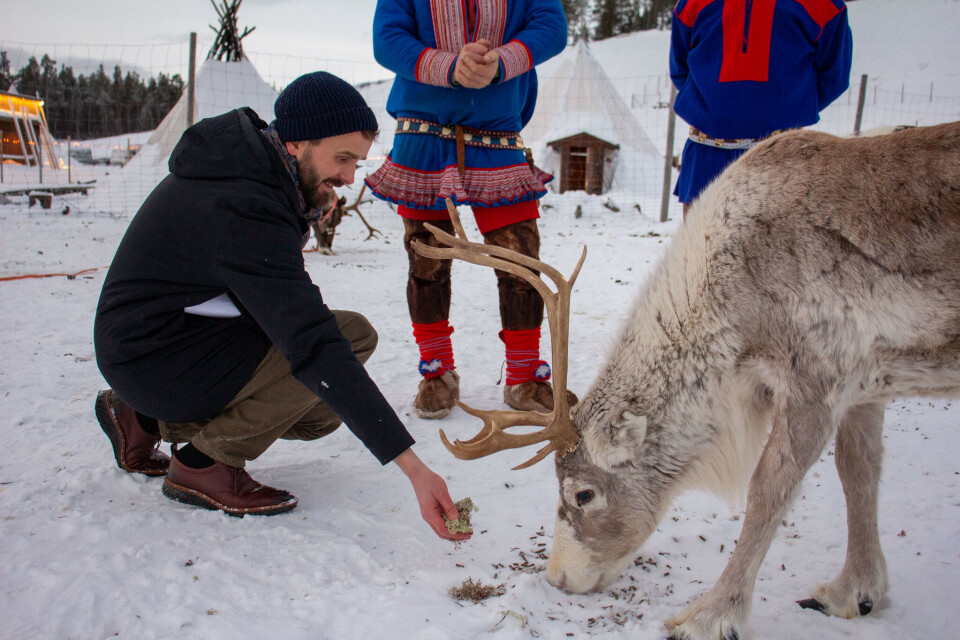 Næringsminister Jan Christian Vestre mater reinsdyr under et besøk på opplevelsessenteret Sami Siida i Alta.