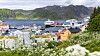 Fiskebåter i en havn med fargerike hus, fjell og grønne åser i bakgrunnen.