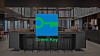 Green Key-logo foran et moderne interiør med kjøkkenøy og barstoler.