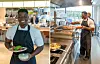 To kokker arbeider på et restaurantkjøkken; én holder en tallerken, mens den andre lager mat.